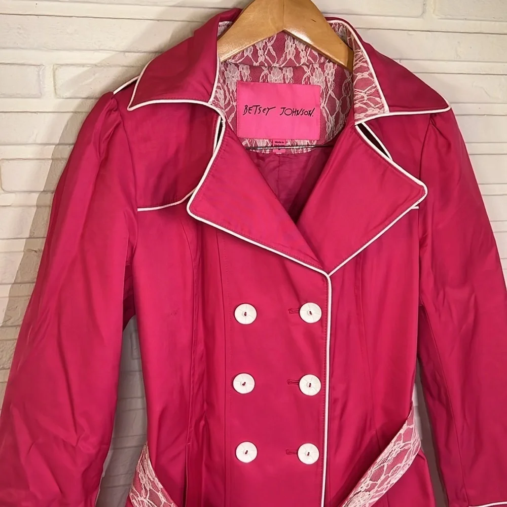Betsey Johnson Hot Pink Lace Double Breasted Trench Coat, Women’s Size Medium - Picture 2 of 11